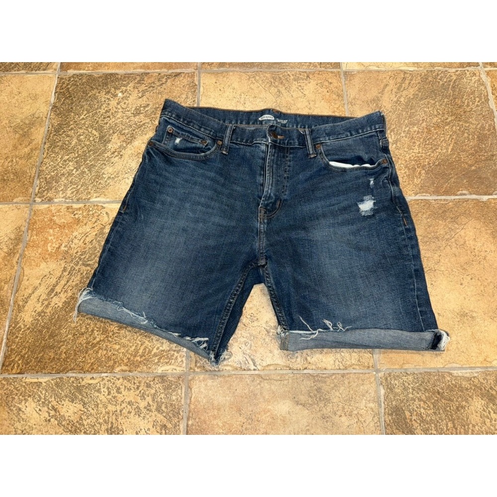 Old Navy Mens Relaxed Slim Built-In Flex Distressed Denim Shorts Blue Dark Wash